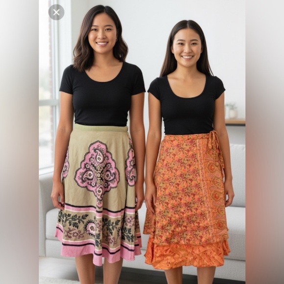 2 Hippie Skirts FUNKY PEOPLE Green Paisley M & INDIAN 2-way Orange Silk Wrap OS - Picture 1 of 14